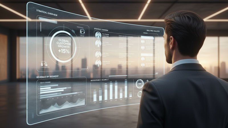 データとグラフが表示されたダッシュボードを分析するビジネスストラテジストの肩越しの眺め。デジタルなコントロールと主権を表現しています。