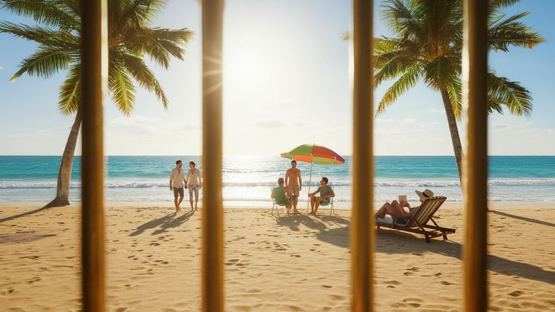 First-person view from inside a golden cage looking out at a sunny beach, symbolizing an entrepreneur's lack of freedom while trapped in their business.