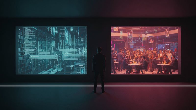 Entrepreneur observing two windows representing the two realities of digital marketing: a data library for intentional search and a social café for discovery.