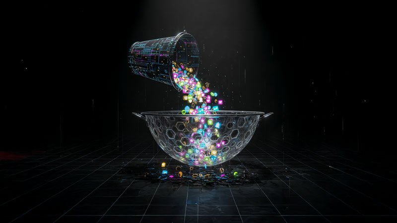 Visual metaphor of a digital colander where web traffic is poured, and customer and like icons are wasted falling through the holes.