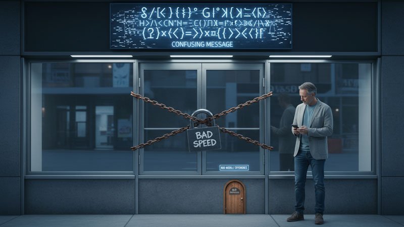 A bewildered man looking at his mobile phone in front of a shop whose entrance does not look like a door and is also blocked with a padlock and chains, has an illegible sign, and a tiny door.