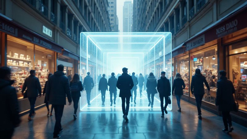 An invisible store in the middle of a busy street through which people walk without noticing its existence.