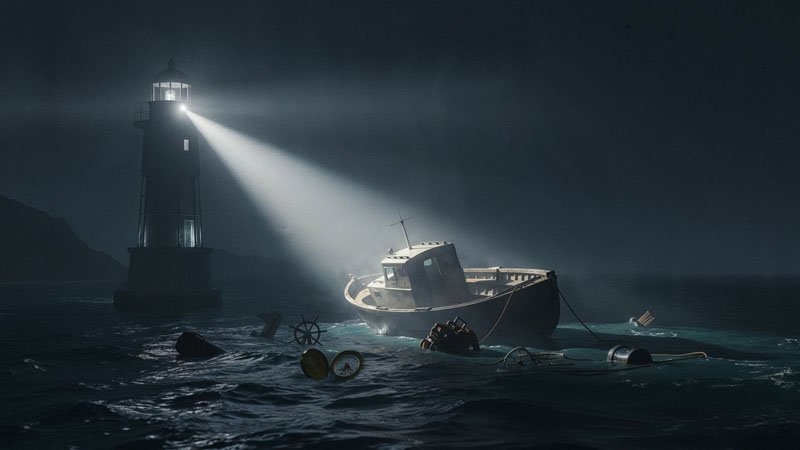 The powerful beam of light from a lighthouse cuts through the fog to reveal a broken, adrift motorboat, with several of its parts floating in the sea.