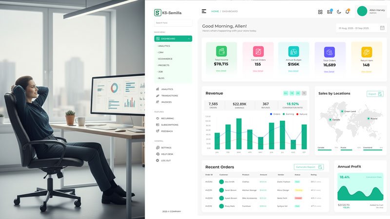 Una mujer relajada en una oficina minimalista, mirando una pantalla de ordenador que muestra un dashboard de gestión de negocio moderno y ordenado, con gráficos y datos claros.