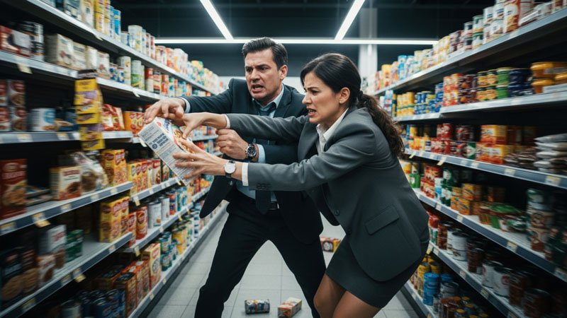 Dos vendedores, un hombre y una mujer en traje de negocios, forcejeando por el último producto en el pasillo de una tienda.