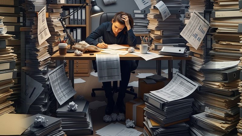 Overwhelmed person at a desk surrounded by towering piles of disorganized paperwork and documents.